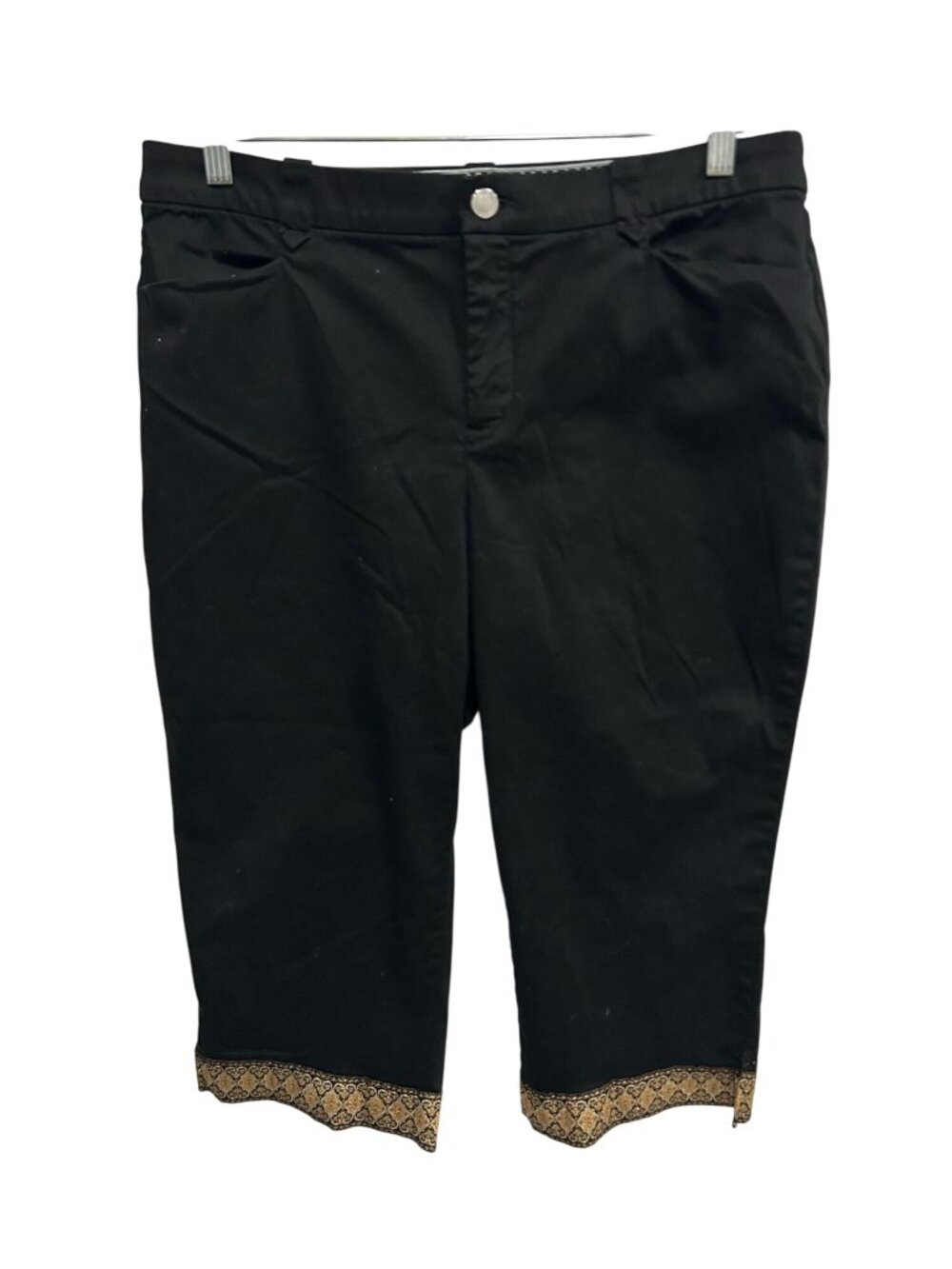 Intro Love the Fit 16 Black Stretch Capri Pants Gold Embroidered Hem Glam Retro